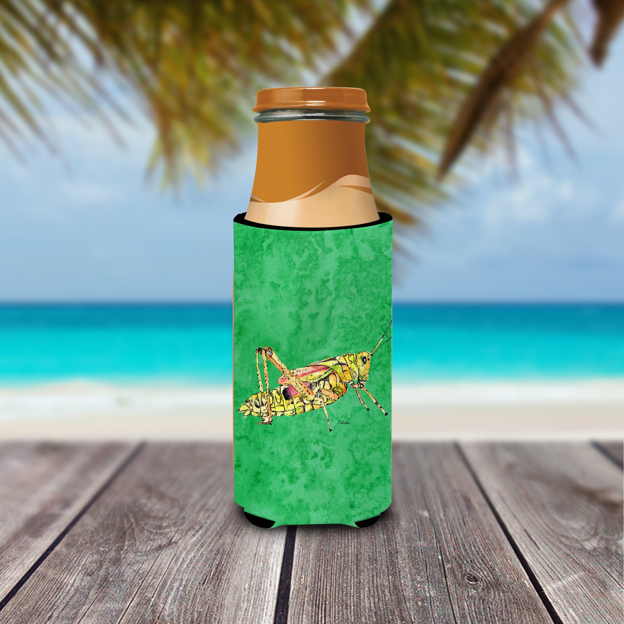 Grasshopper on Green Ultra Beverage Insulators for slim cans 8849MUK