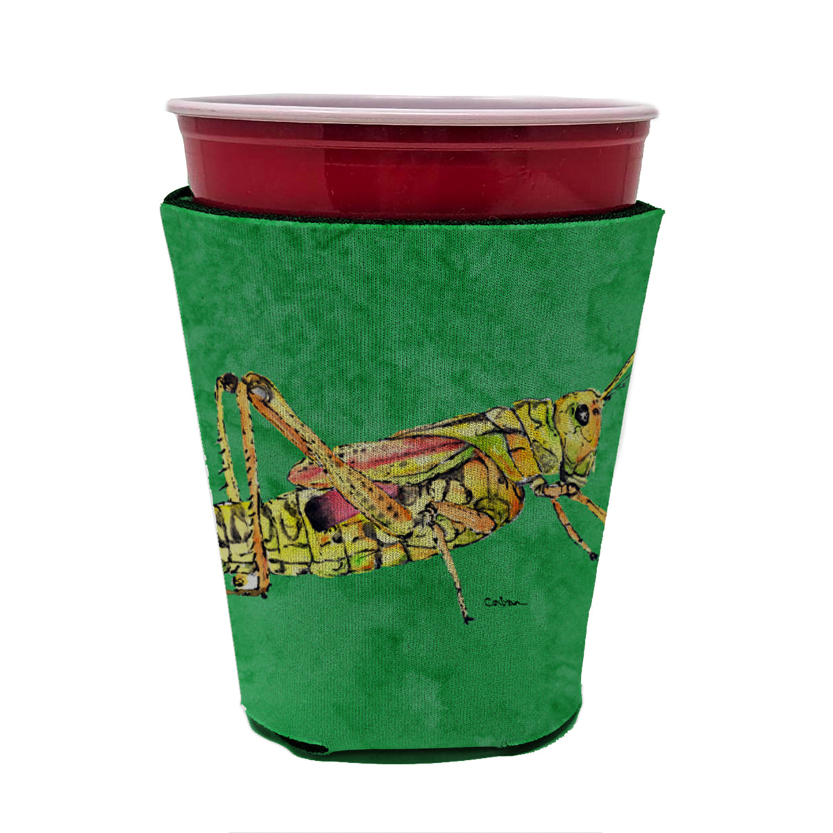 Grasshopper on Green Red Cup Beverage Insulator Hugger