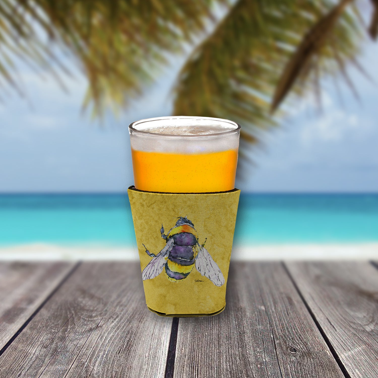 Bee on Yellow Red Cup Beverage Insulator Hugger