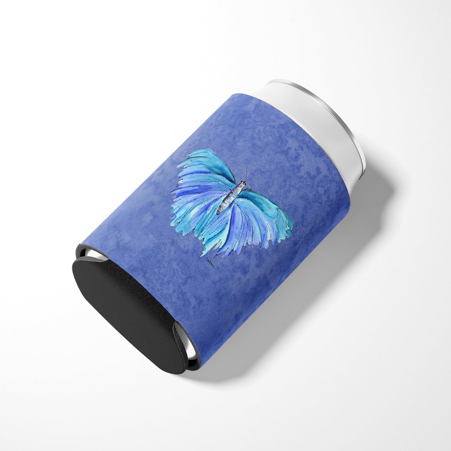Butterfly on Slate Blue Can or Bottle Beverage Insulator Hugger.