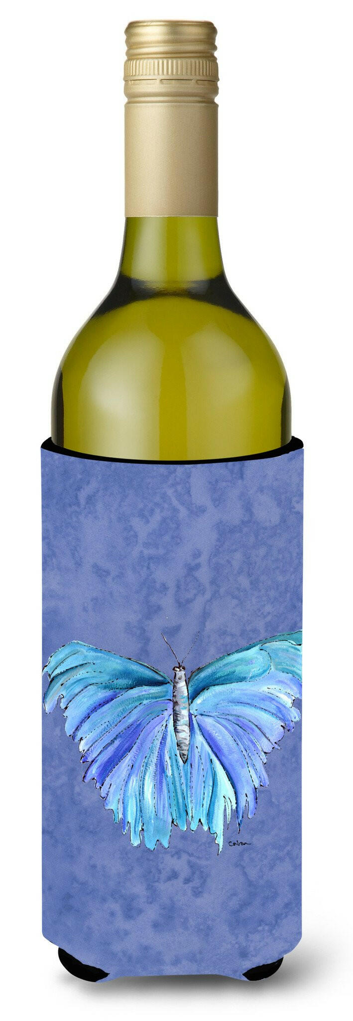 Butterfly on Slate Blue Wine Bottle Beverage Insulator Beverage Insulator Hugger by Caroline's Treasures