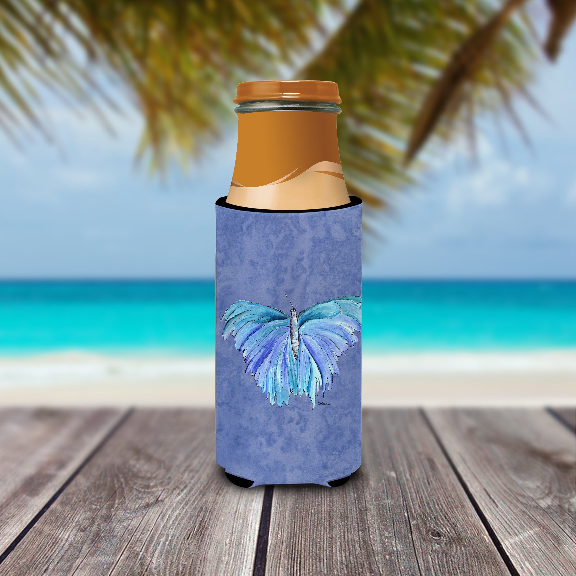 Butterfly on Slate Blue Ultra Beverage Insulators for slim cans 8855MUK.