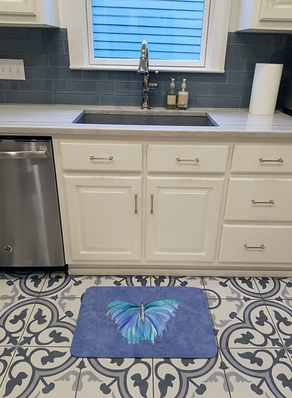 Butterfly on Slate Blue Machine Washable Memory Foam Mat 8855RUG - the-store.com