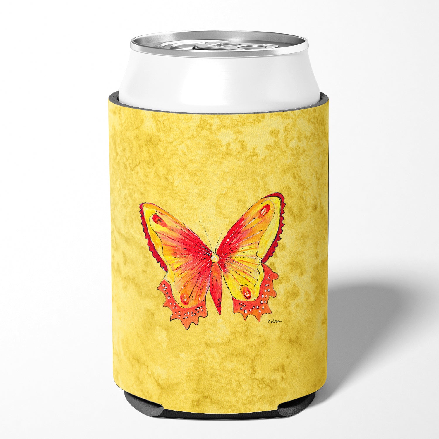 Papillon sur une canette jaune ou une bouteille d'isolateur de boisson Hugger
