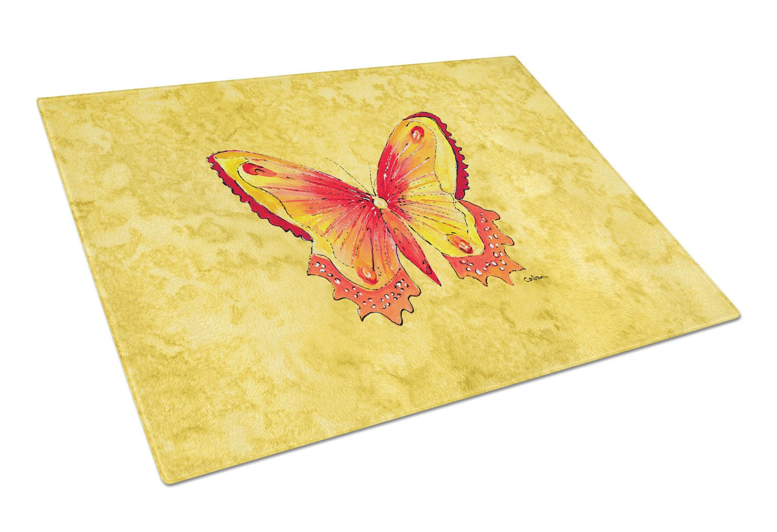 Butterfly on Yellow Glass Cutting Board Large by Caroline's Treasures