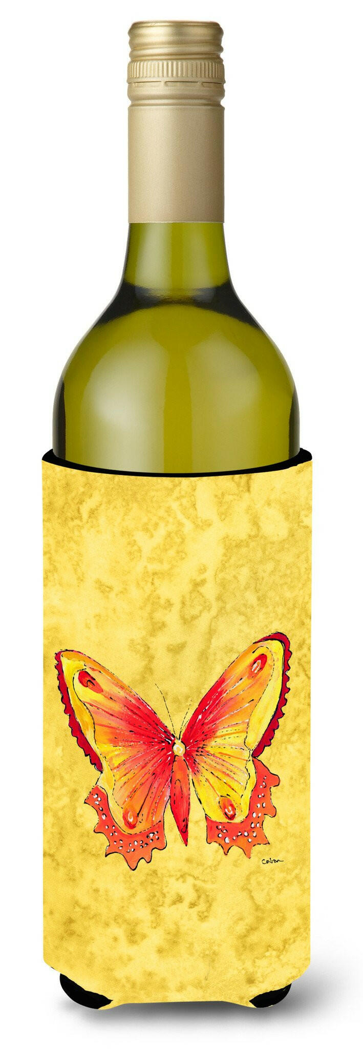 Butterfly on Yellow Wine Bottle Beverage Insulator Beverage Insulator Hugger by Caroline&#39;s Treasures