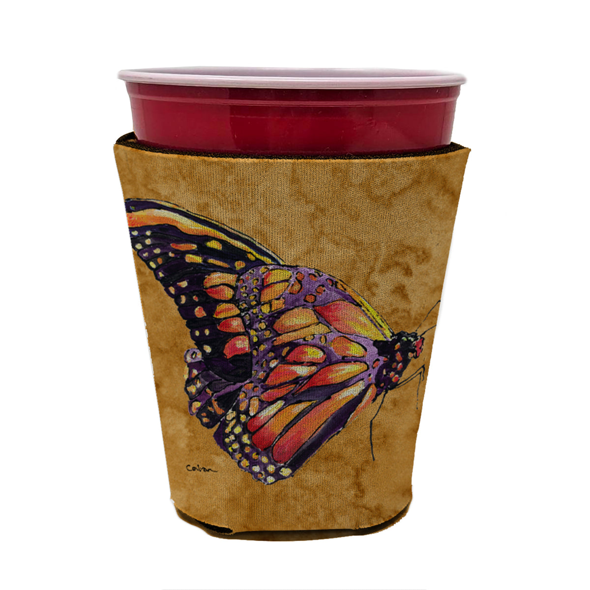 Butterfly on Gold Red Cup Beverage Insulator Hugger