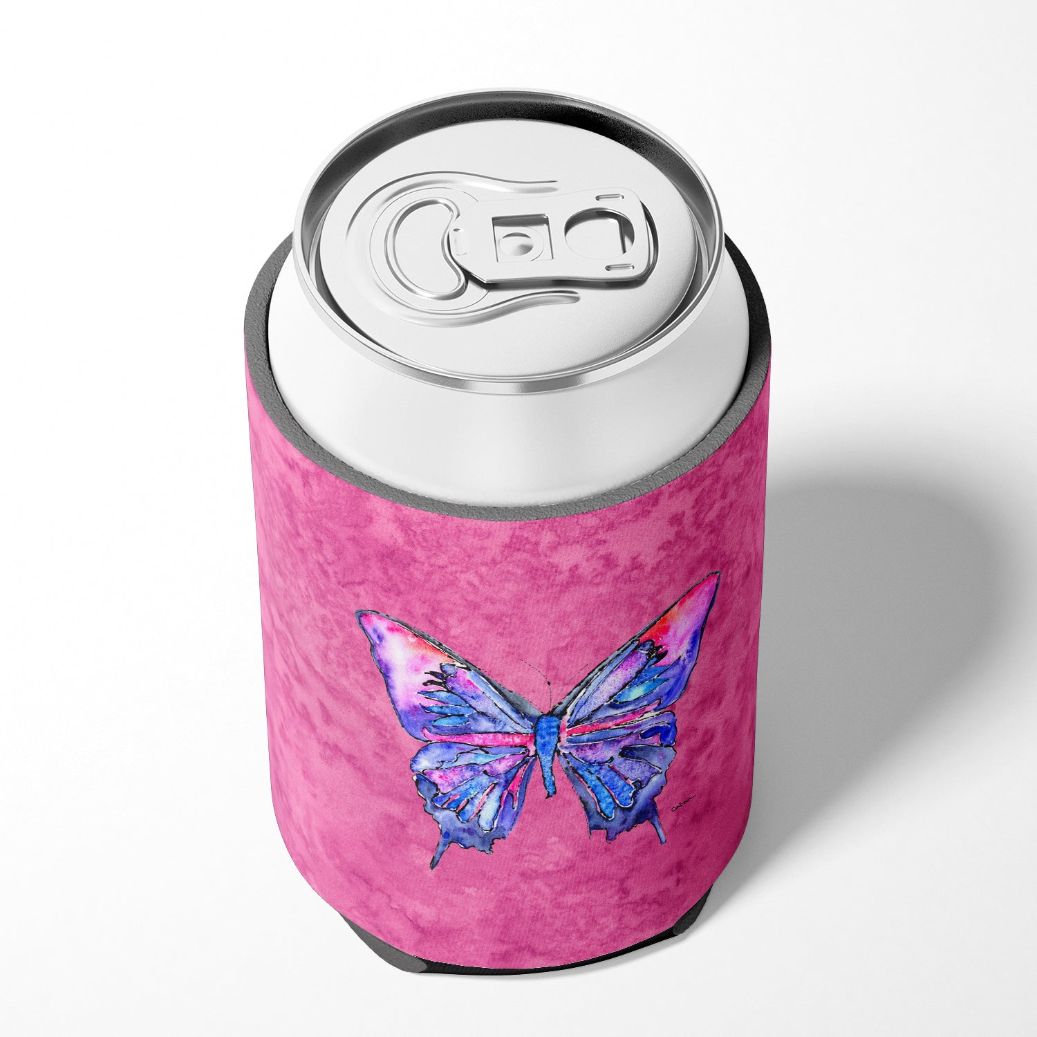 Butterfly on Pink Can or Bottle Beverage Insulator Hugger.