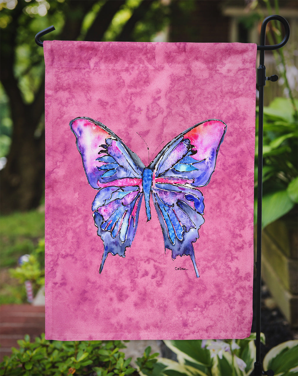 Butterfly on Pink Flag Garden Size.