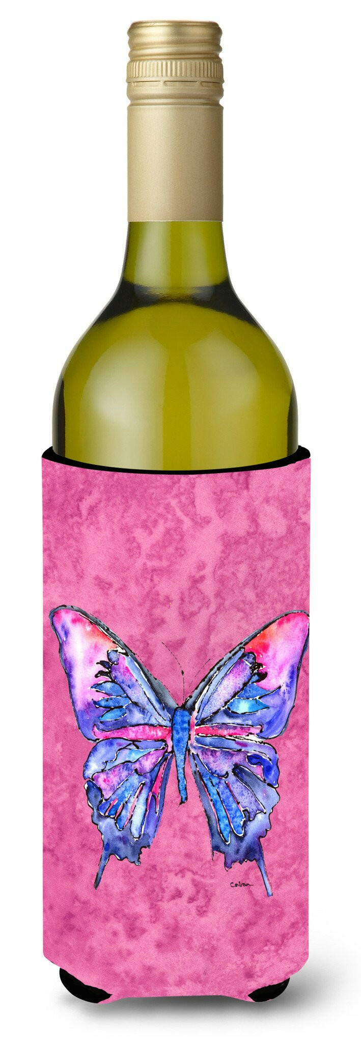 Butterfly on Pink Wine Bottle Beverage Insulator Beverage Insulator Hugger by Caroline&#39;s Treasures