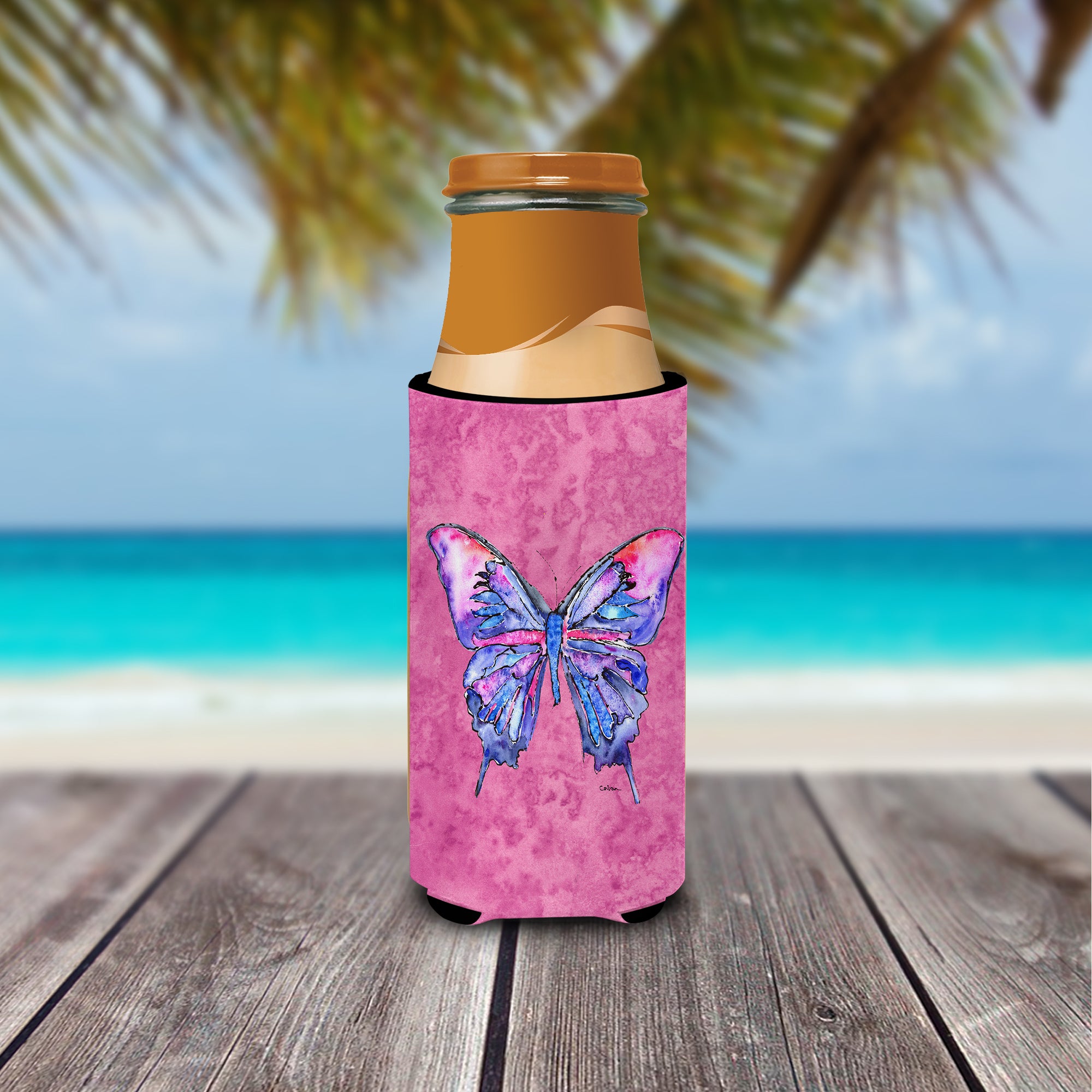 Butterfly on Pink Ultra Beverage Insulators for slim cans 8859MUK.