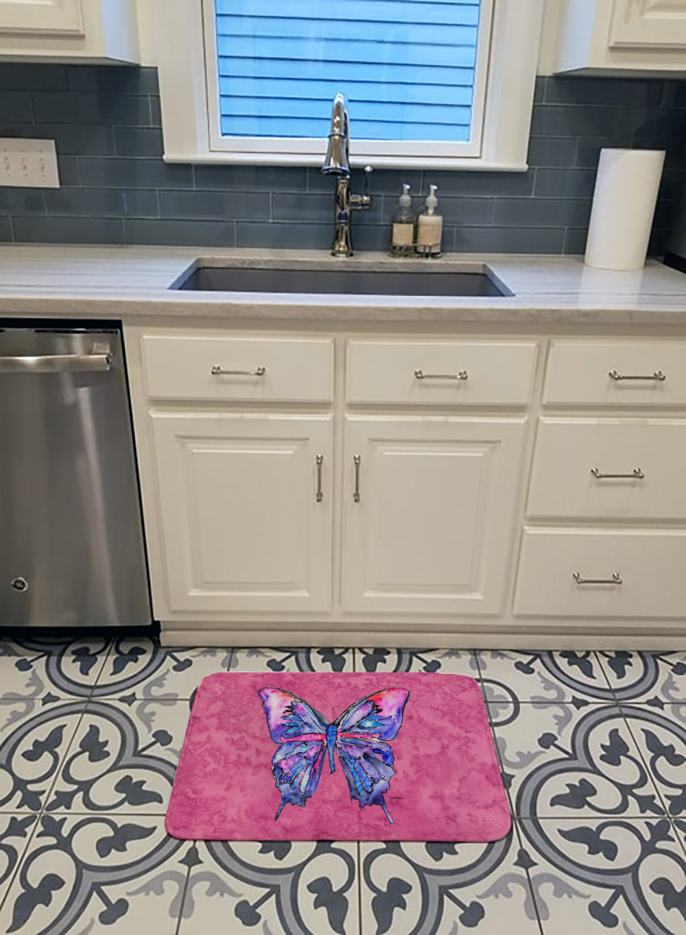Butterfly on Pink Machine Washable Memory Foam Mat 8859RUG - the-store.com
