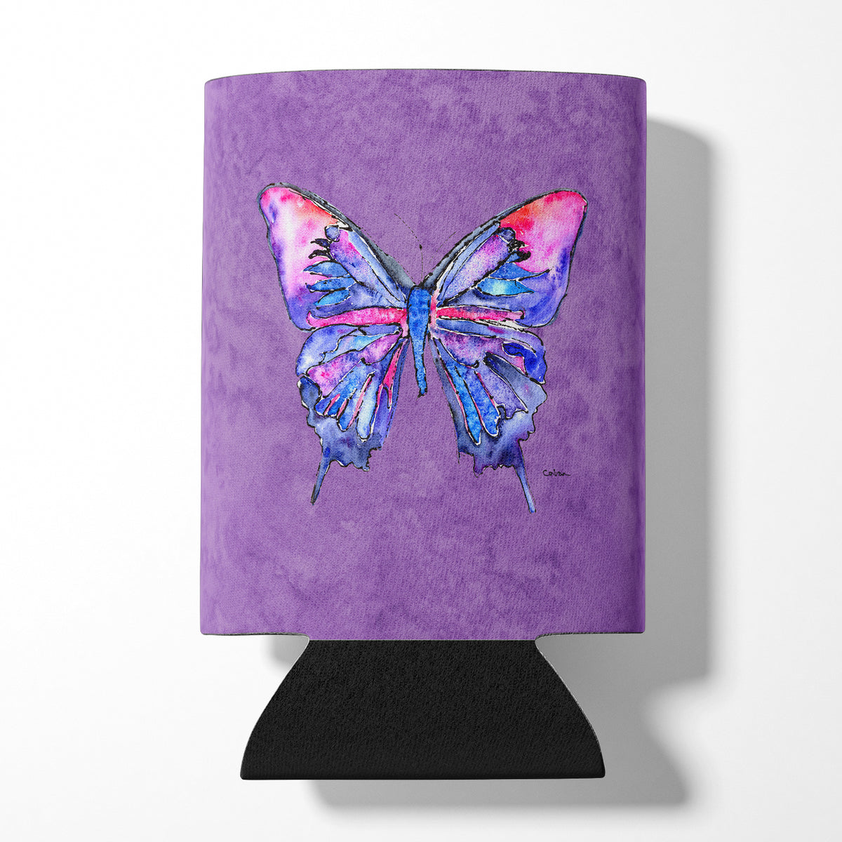 Papillon sur une canette ou une bouteille de boisson violette Hugger Isolateur