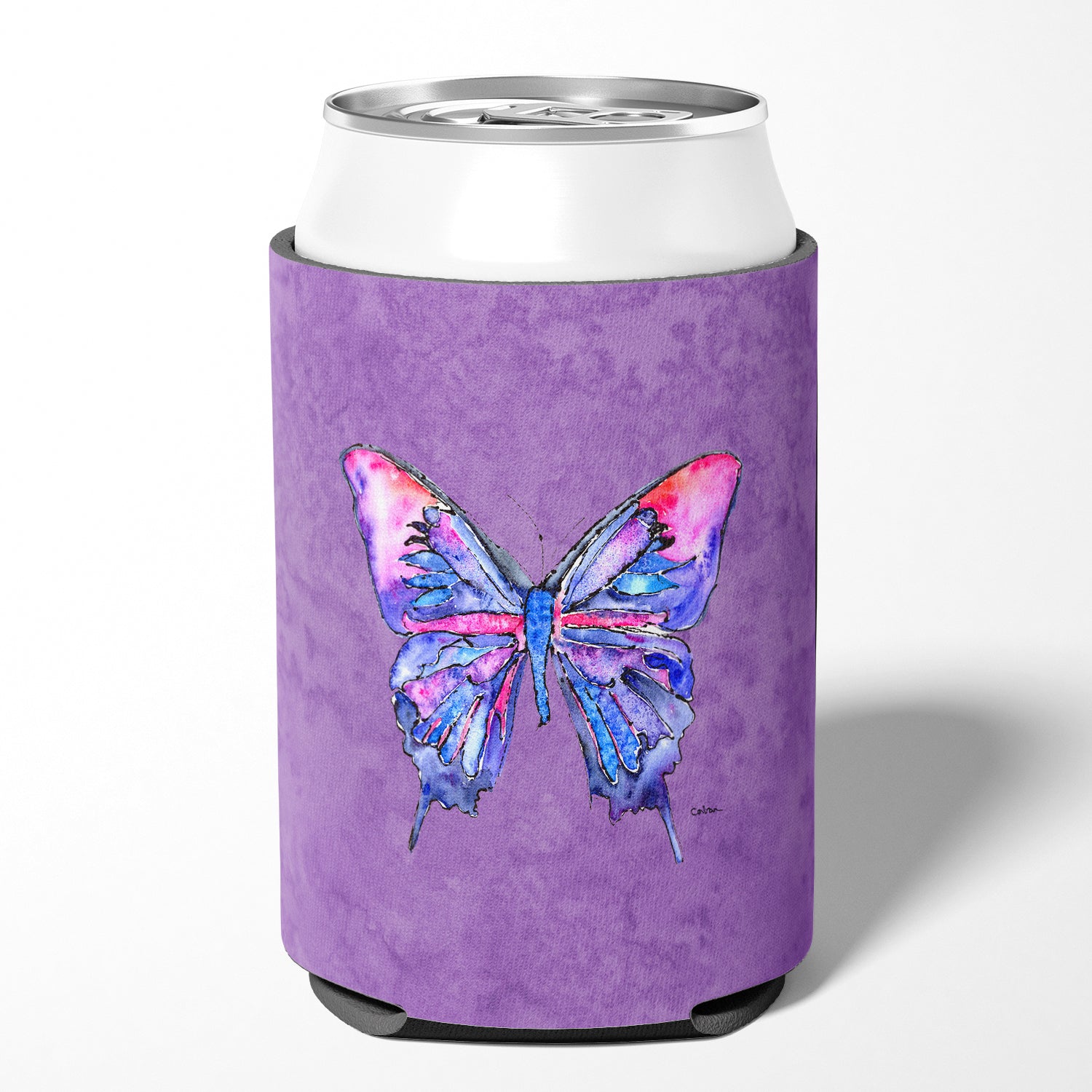 Papillon sur une canette ou une bouteille de boisson violette Hugger Isolateur