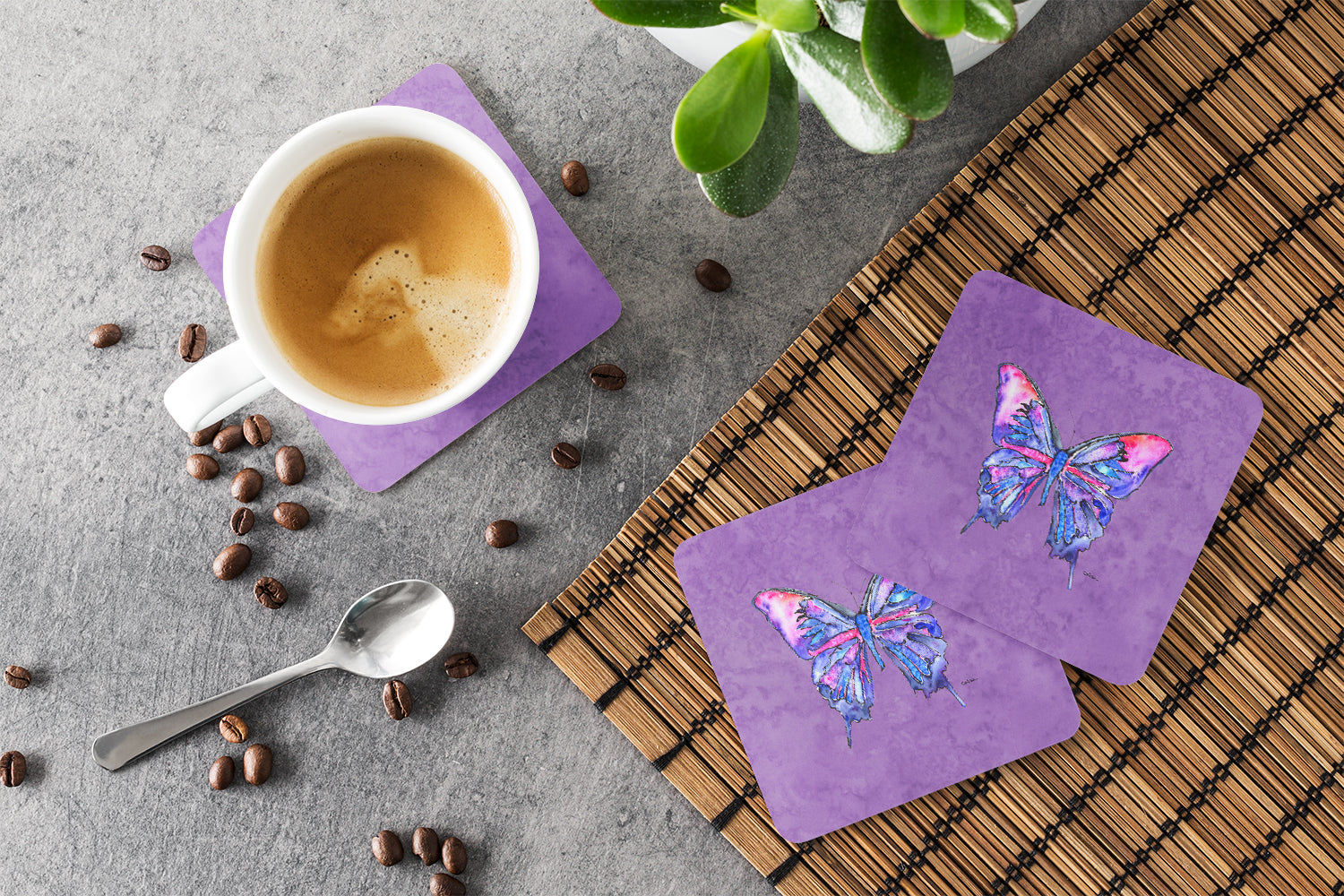 Set of 4 Butterfly on Purple Foam Coasters - the-store.com