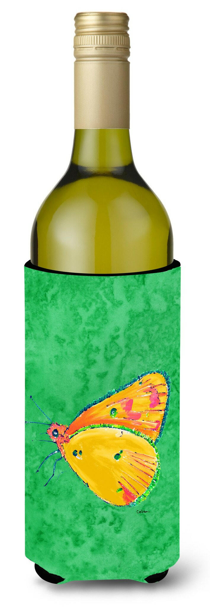 Butterfly Orange on Green Wine Bottle Beverage Insulator Beverage Insulator Hugger by Caroline&#39;s Treasures