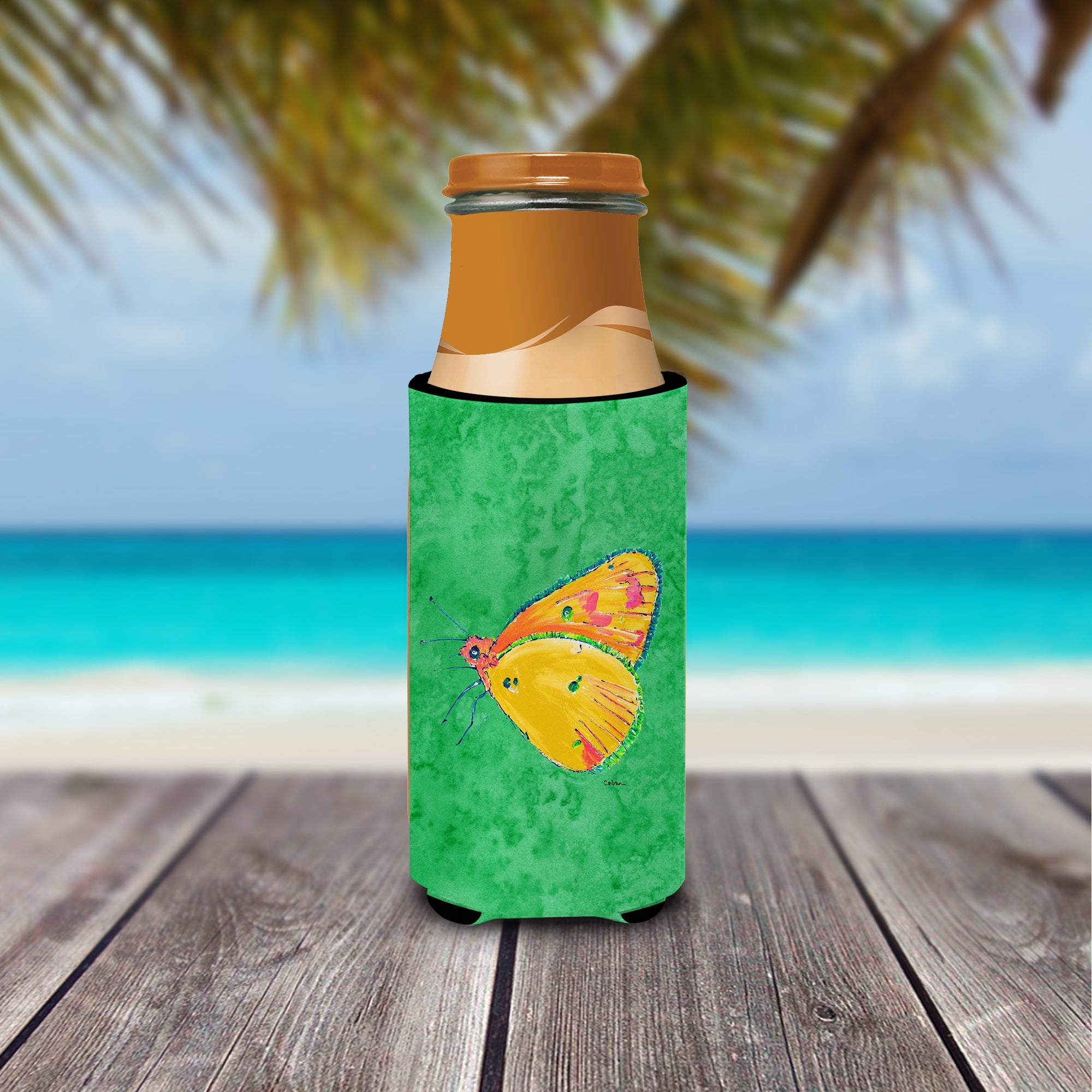 Butterfly Orange on Green Ultra Beverage Insulators for slim cans 8861MUK.