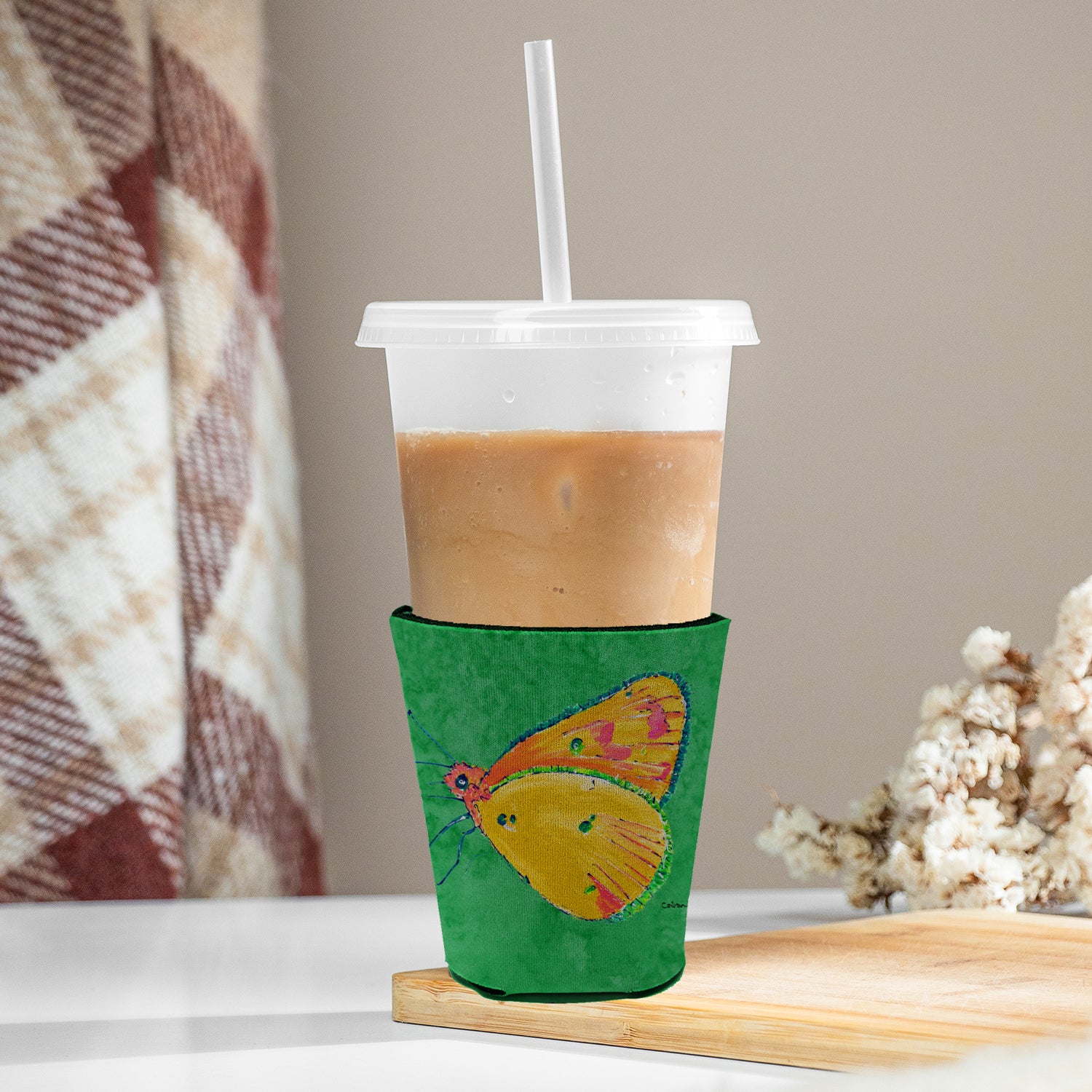 Butterfly Orange on Green Red Cup Beverage Insulator Hugger