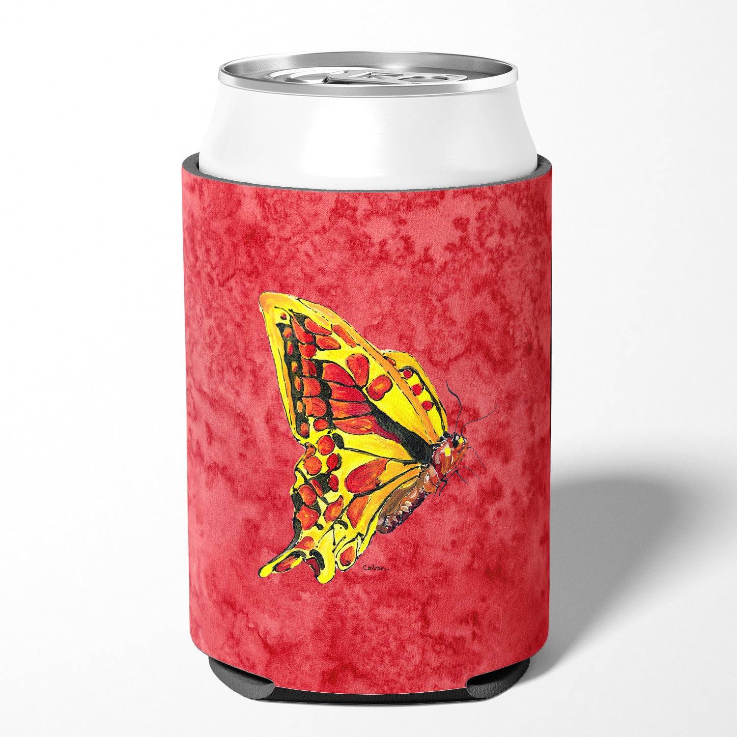 Butterfly on Red Can or Bottle Beverage Insulator Hugger.