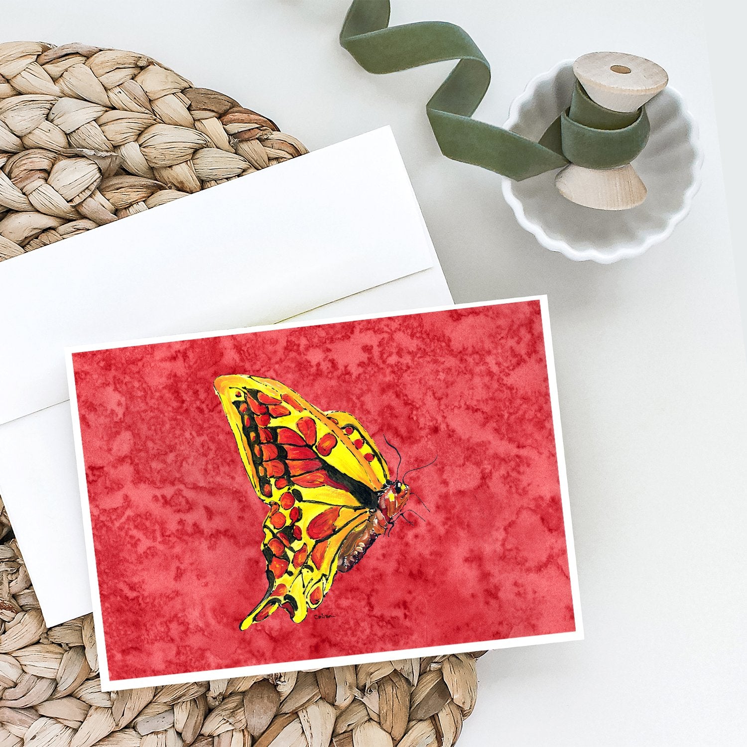 Butterfly on Red Greeting Cards and Envelopes Pack of 8 - the-store.com