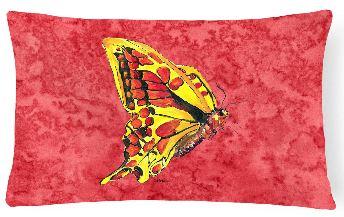 Butterfly on Red   Canvas Fabric Decorative Pillow by Caroline&#39;s Treasures