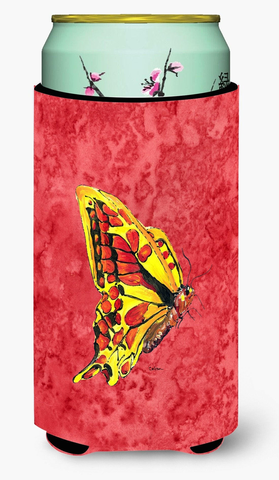 Butterfly on Red  Tall Boy Beverage Insulator Beverage Insulator Hugger by Caroline&#39;s Treasures