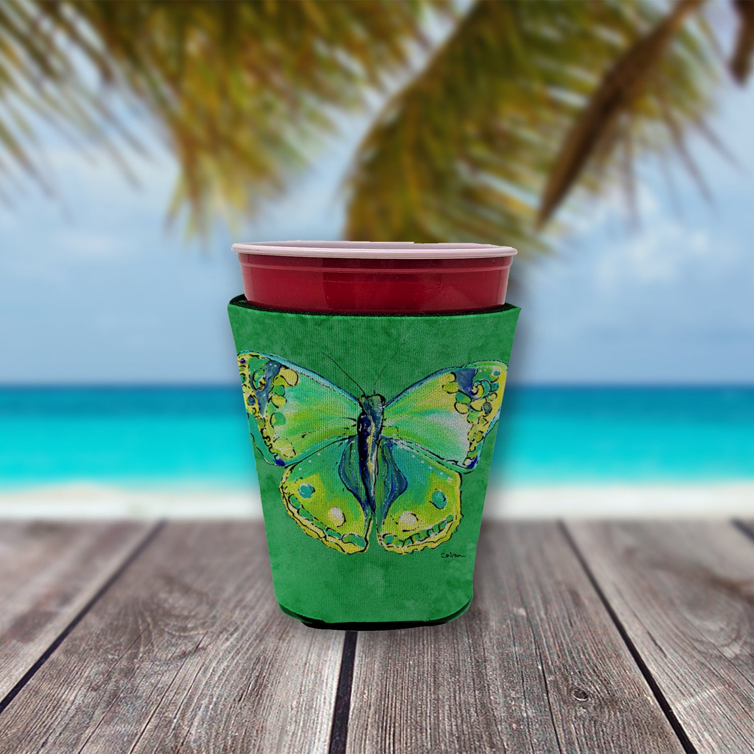 Butterfly Green on Green Red Cup Beverage Insulator Hugger  the-store.com.