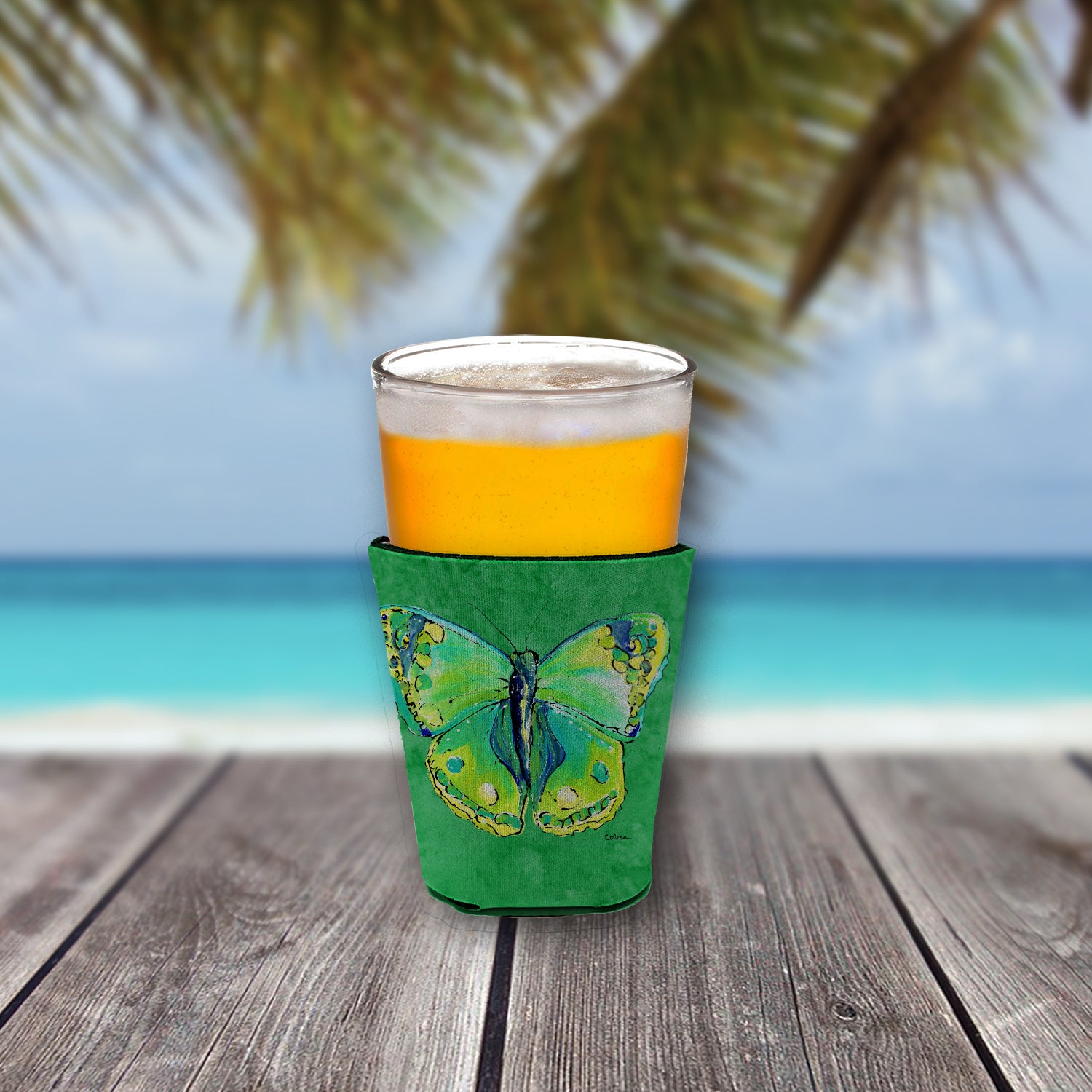 Butterfly Green on Green Red Cup Beverage Insulator Hugger