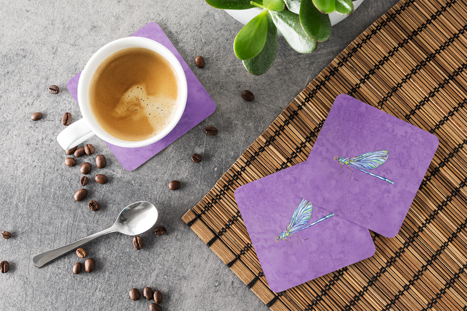 Set of 4 Dragonfly on Purple Foam Coasters - the-store.com