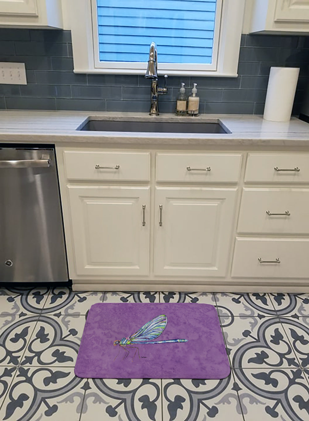 Dragonfly on Purple Machine Washable Memory Foam Mat 8865RUG - the-store.com