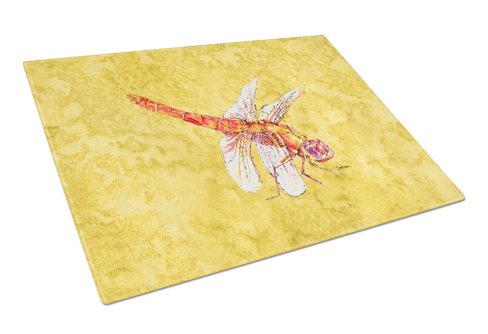 Dragonfly on Yellow Glass Cutting Board Large by Caroline's Treasures
