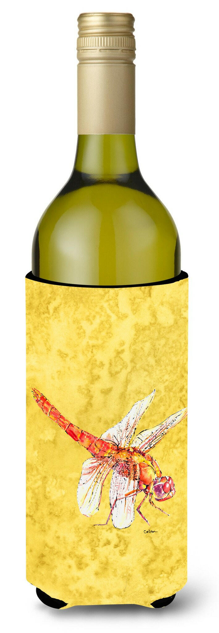 Dragonfly on Yellow Wine Bottle Beverage Insulator Beverage Insulator Hugger by Caroline&#39;s Treasures