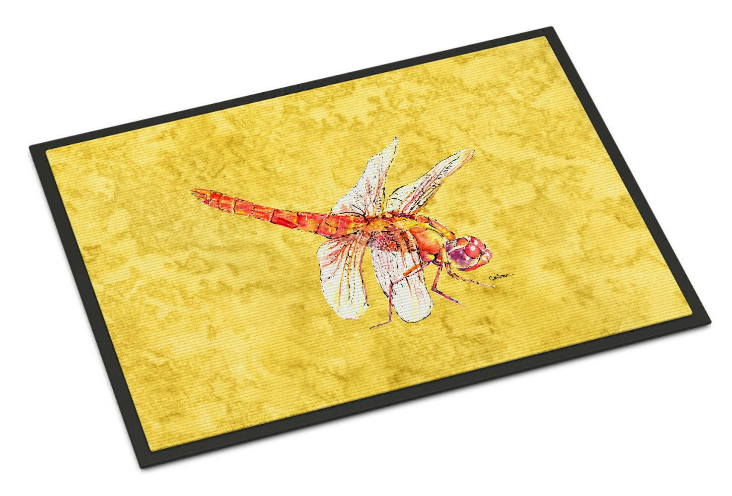 Dragonfly on Yellow Indoor or Outdoor Mat 18x27 Doormat - the-store.com