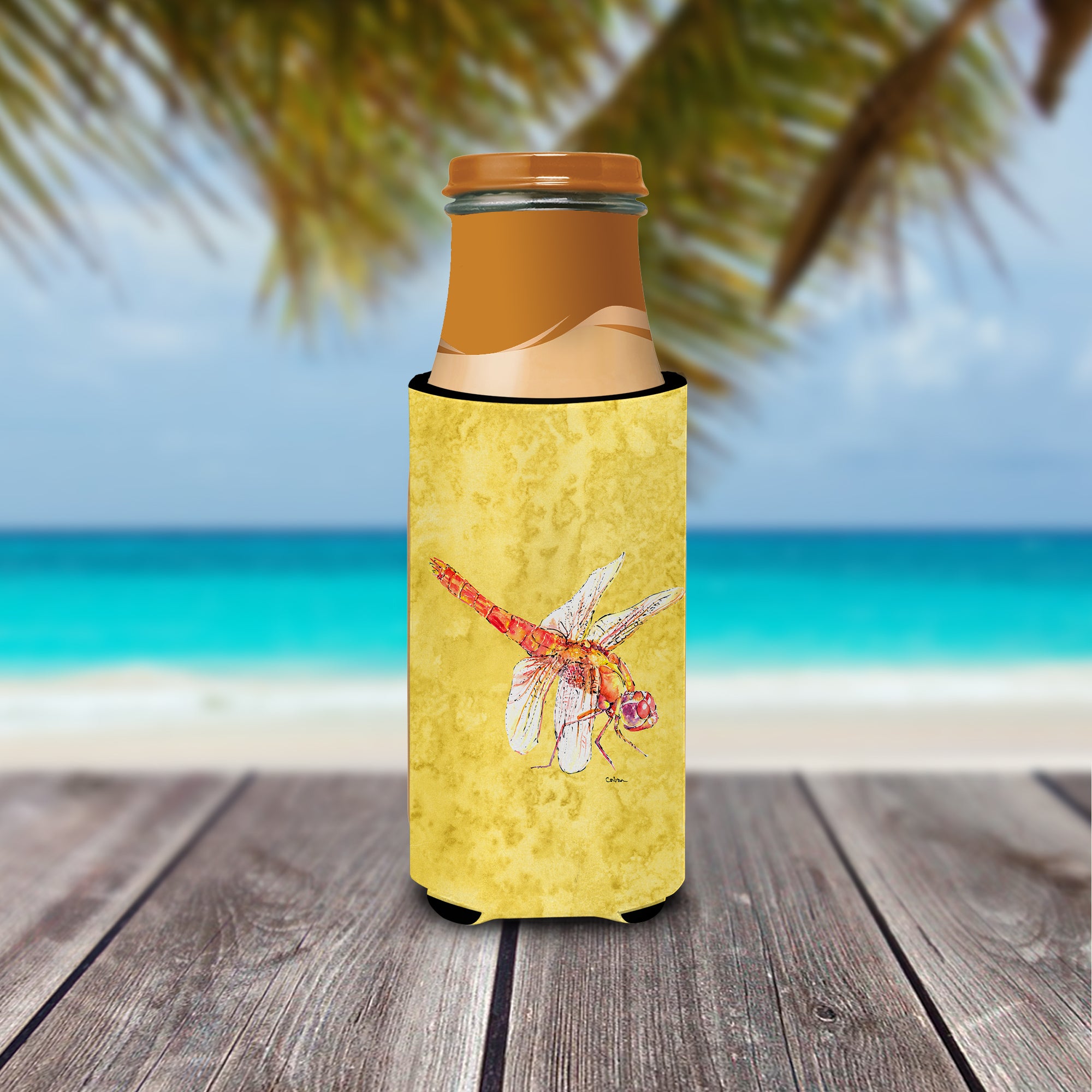 Dragonfly on Yellow Ultra Beverage Insulators for slim cans 8866MUK.