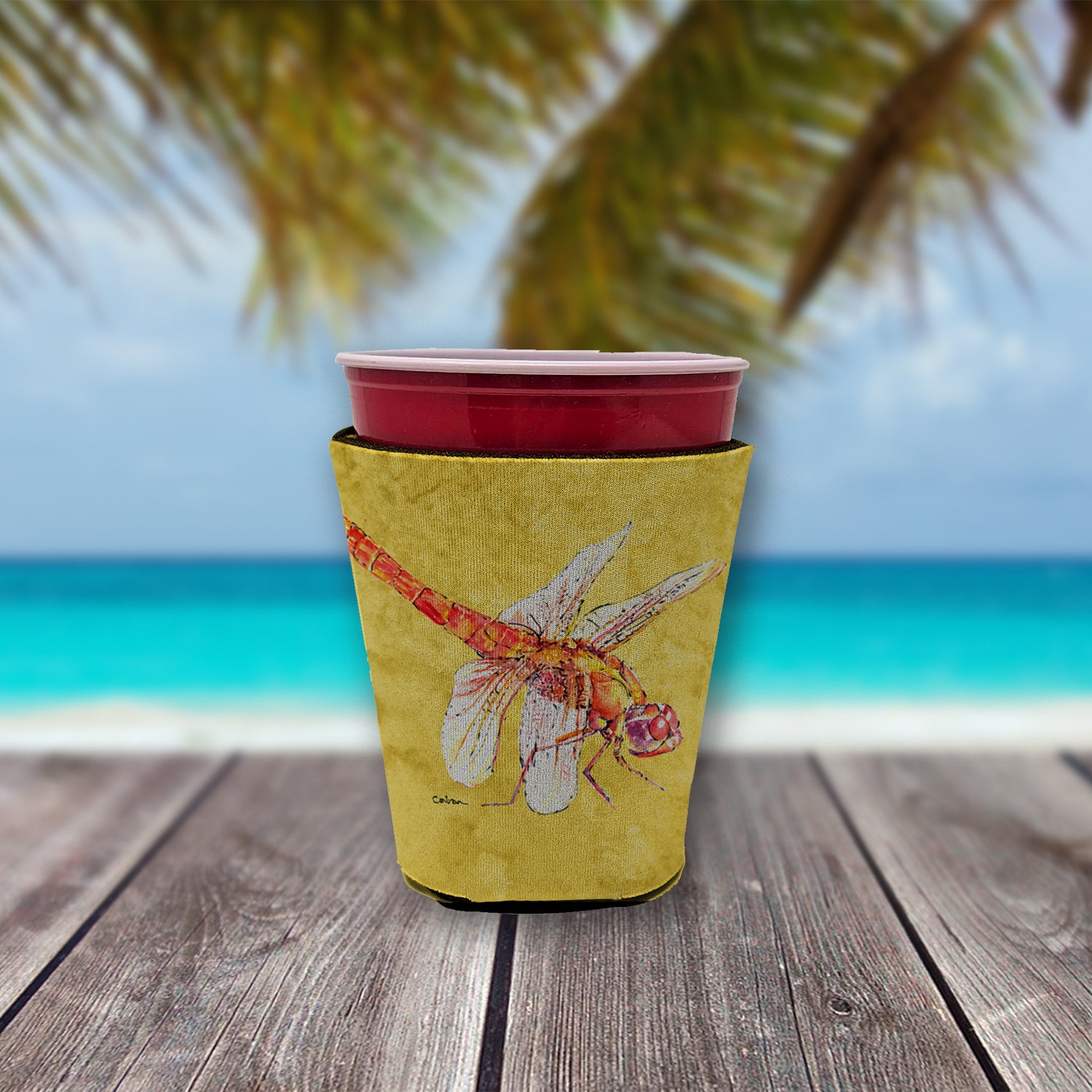 Dragonfly on Yellow Red Cup Beverage Insulator Hugger  the-store.com.