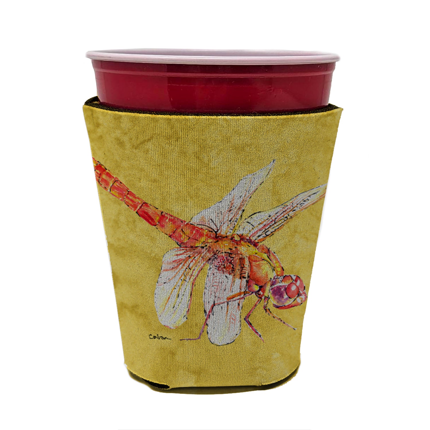 Dragonfly on Yellow Red Cup Beverage Insulator Hugger