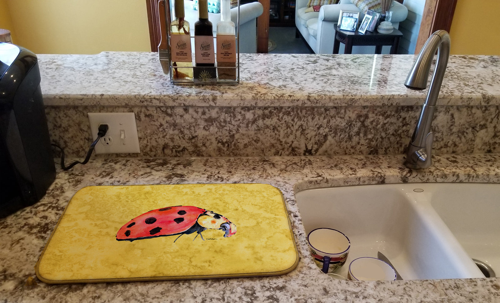 Caroline's Treasures Lady Bug on Yellow Dish Drying Mat – Absorbent, Artistic Kitchen Essentials 8867DDM