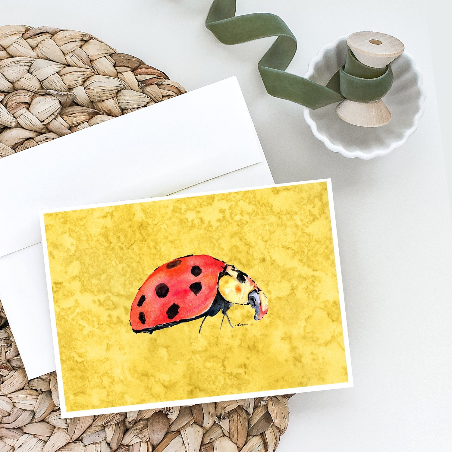 Caroline's Treasures Lady Bug on Yellow Greeting Cards - Blank Note Cards – 8-Pack of Artist-Designed Cards with Envelopes