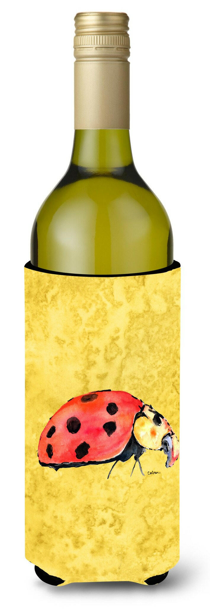 Lady Bug on Yellow Wine Bottle Beverage Insulator Beverage Insulator Hugger by Caroline&#39;s Treasures