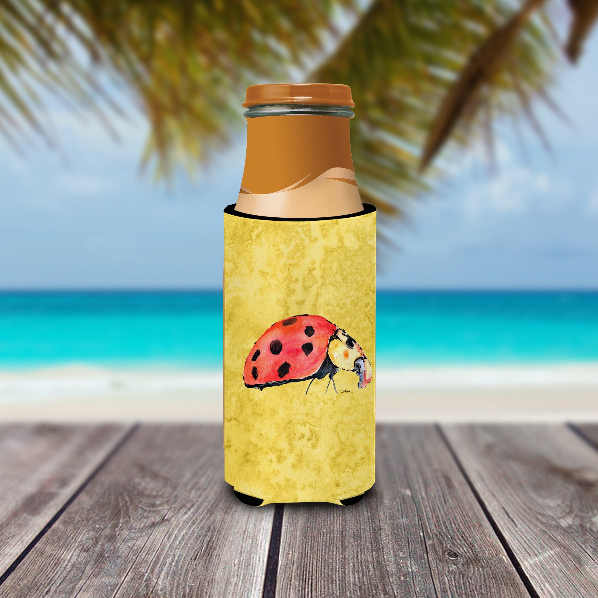 Lady Bug on Yellow Ultra Beverage Insulators for slim cans 8867MUK.