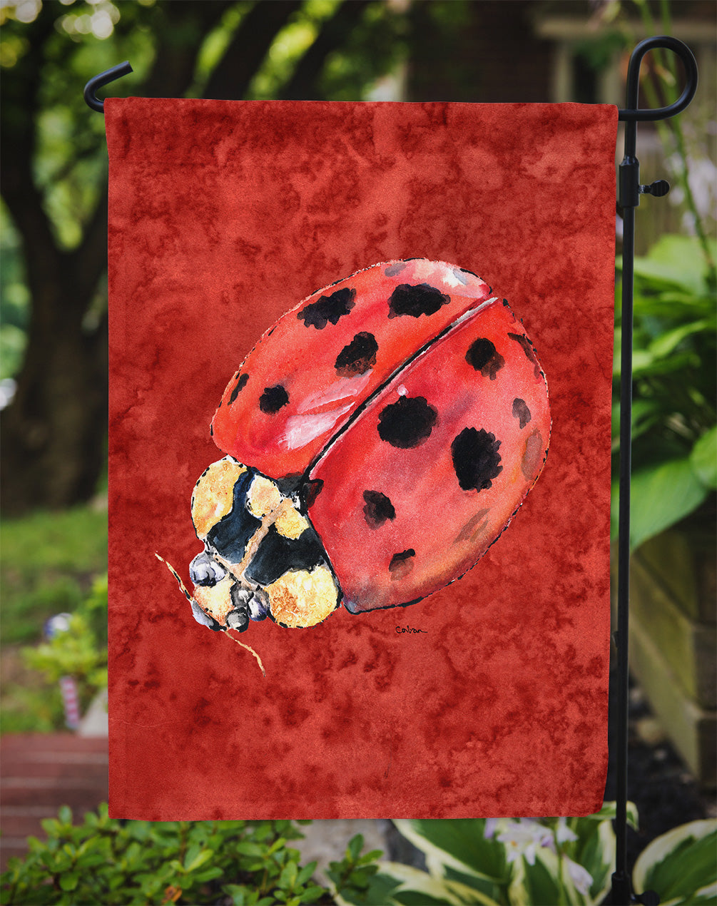 Lady Bug on Deep Red Flag Garden Size
