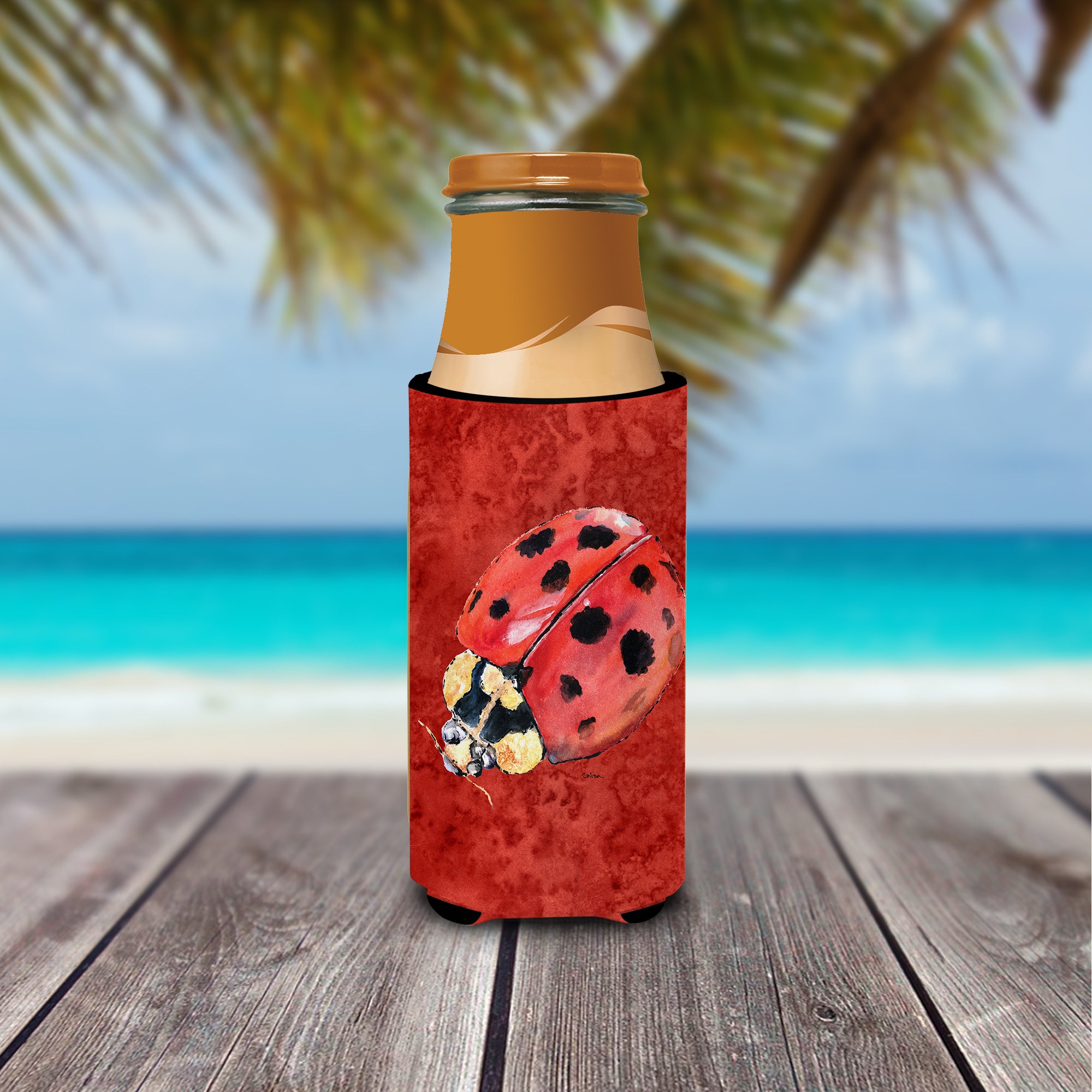 Lady Bug on Deep Red Ultra Beverage Insulators for slim cans 8870MUK.