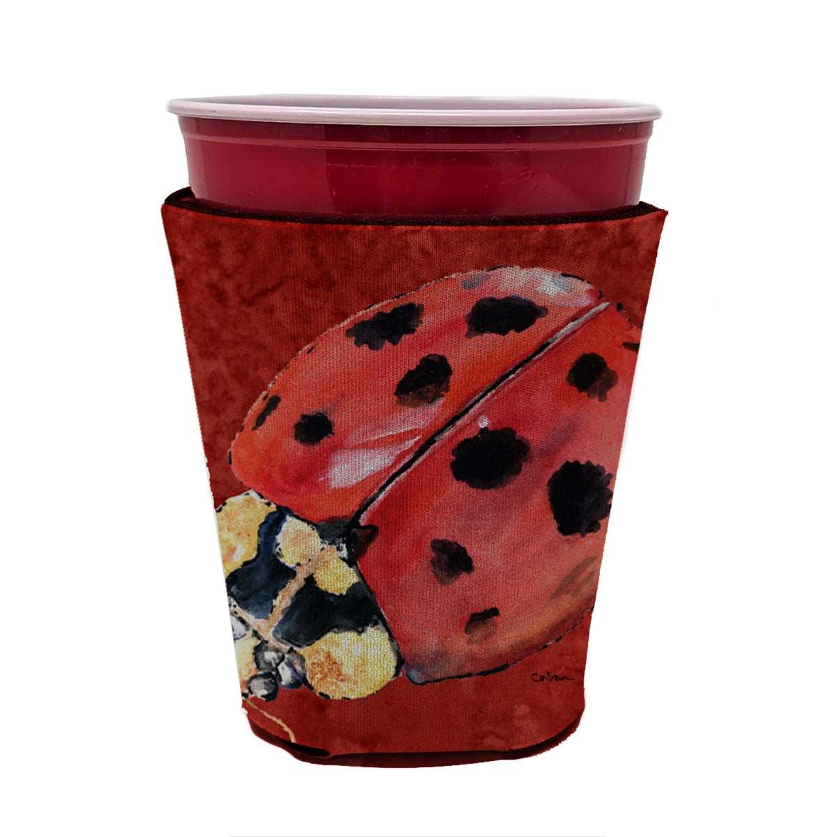Lady Bug on Deep Red Red Cup Beverage Insulator Hugger