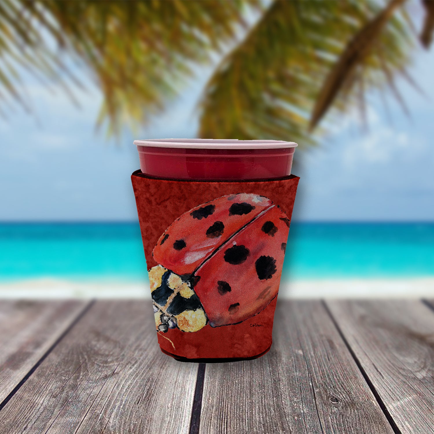 Lady Bug on Deep Red Red Cup Beverage Insulator Hugger  the-store.com.