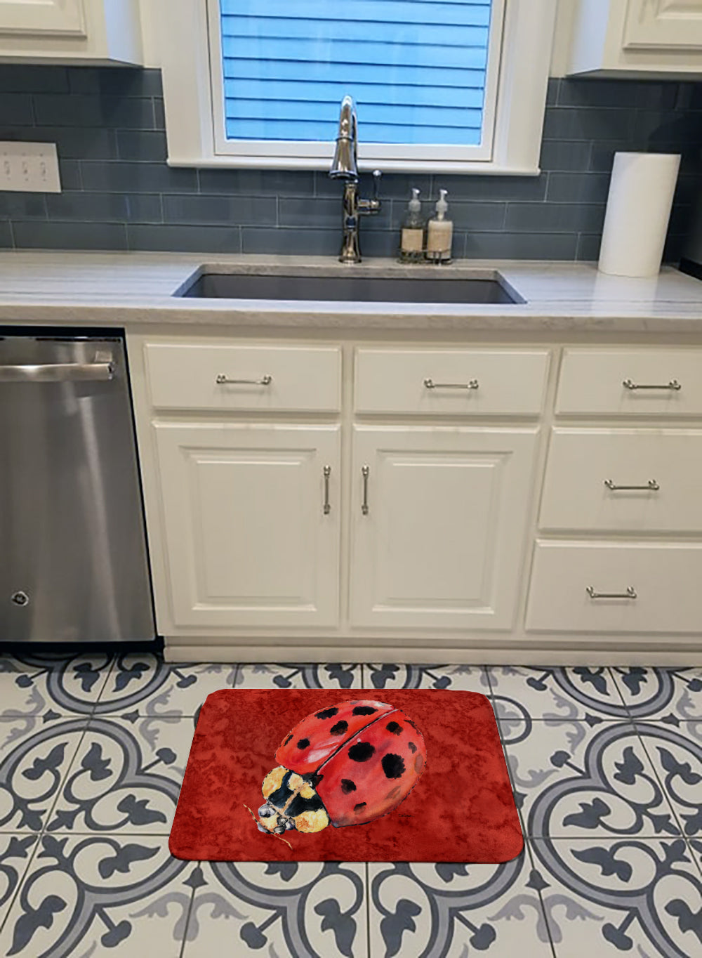 Lady Bug on Deep Red Machine Washable Memory Foam Mat 8870RUG - the-store.com
