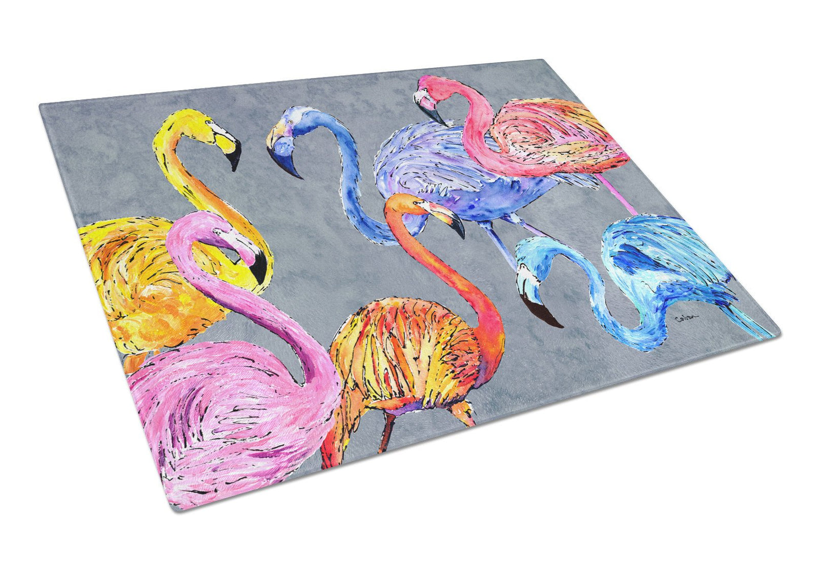 Flamingo Six Senses Glass Cutting Board Large by Caroline's Treasures