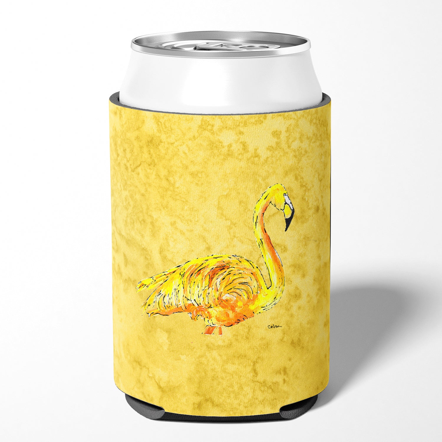 Flamingo on Yellow Can or Bottle Beverage Insulator Hugger.