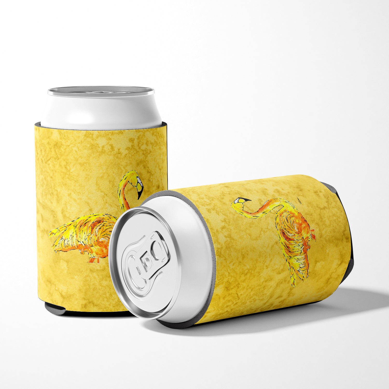 Flamingo on Yellow Can or Bottle Beverage Insulator Hugger.