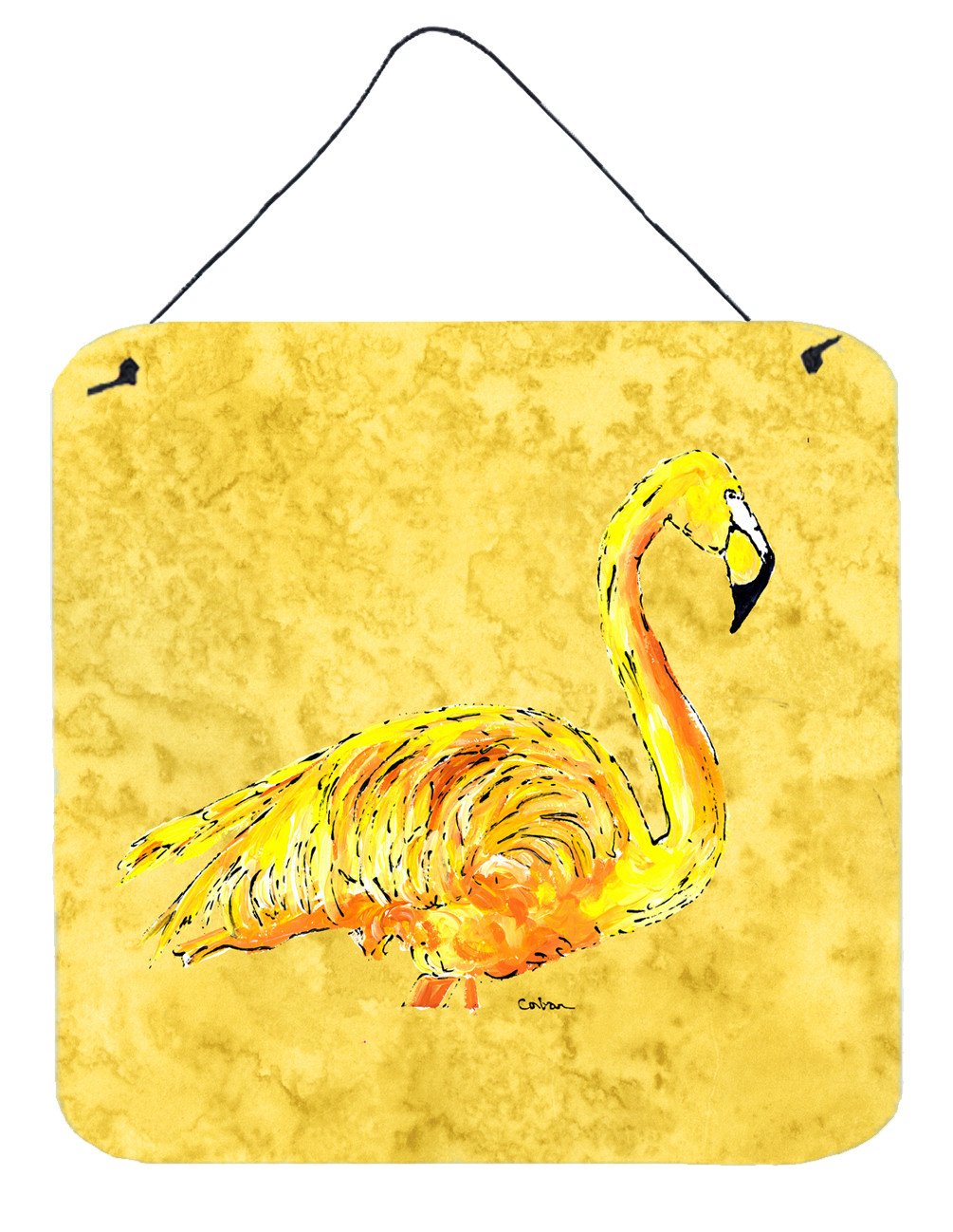 Flamingo on Yellow Aluminium Metal Wall or Door Hanging Prints by Caroline&#39;s Treasures