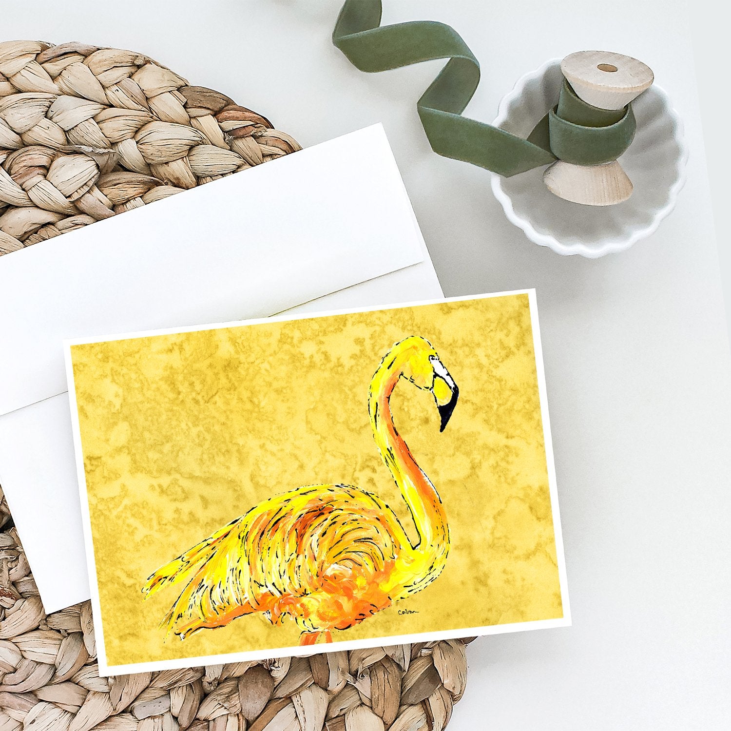 Flamingo on Yellow Greeting Cards and Envelopes Pack of 8 - the-store.com